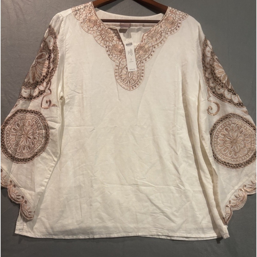 NEW Chico's Linen Blend Embroidered Tunic Top Women's Size 2 Bell Sleeve Boho